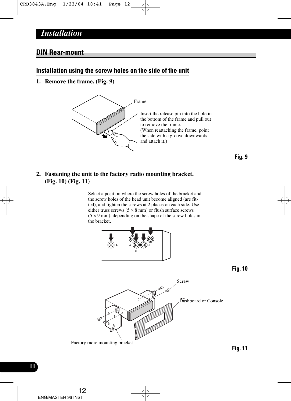 Din rear-mount, Installation | Pioneer DEH-P80MP User Manual | Page 12 / 74