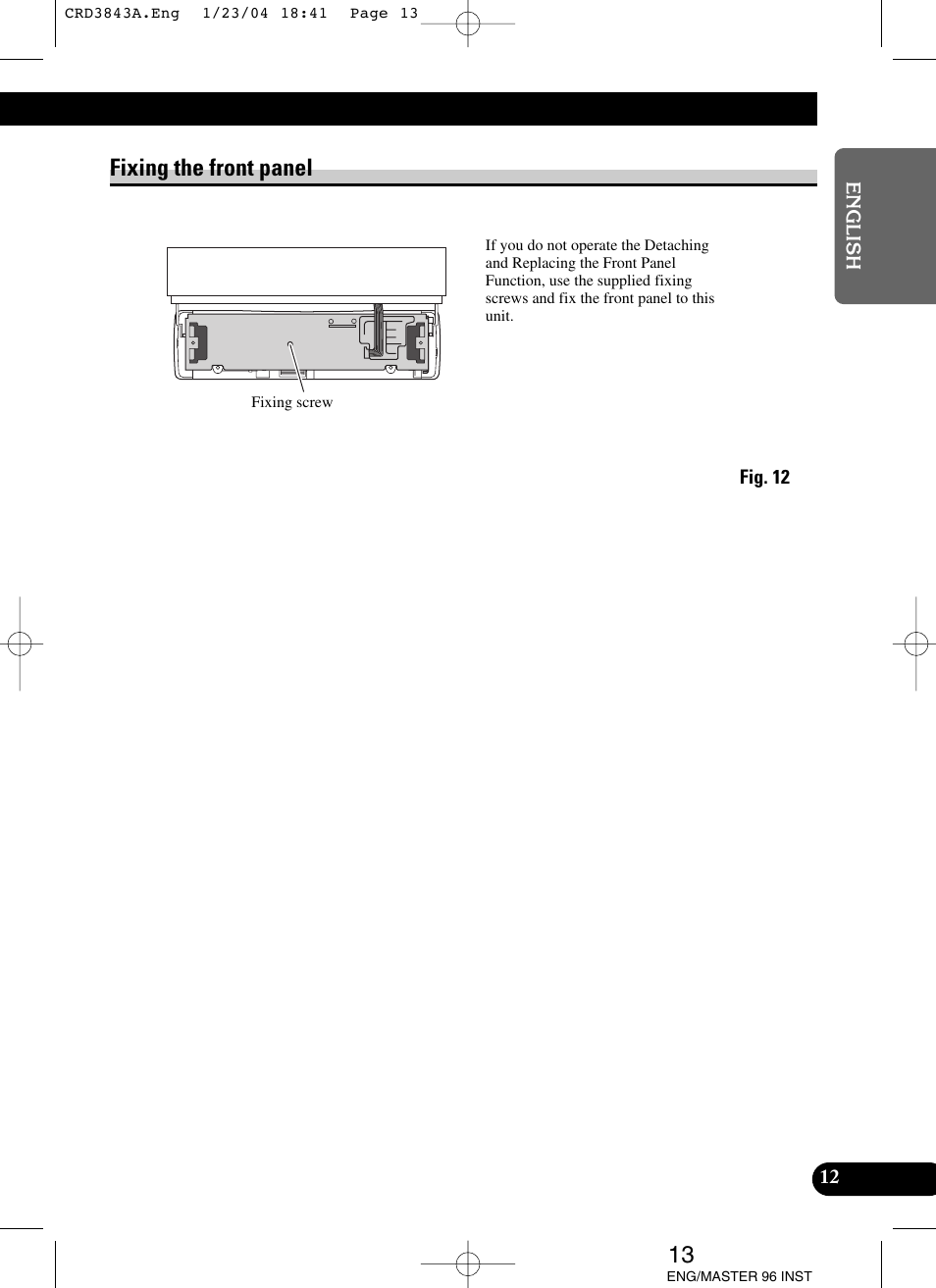 Fixing the front panel | Pioneer DEH-P80MP User Manual | Page 13 / 74