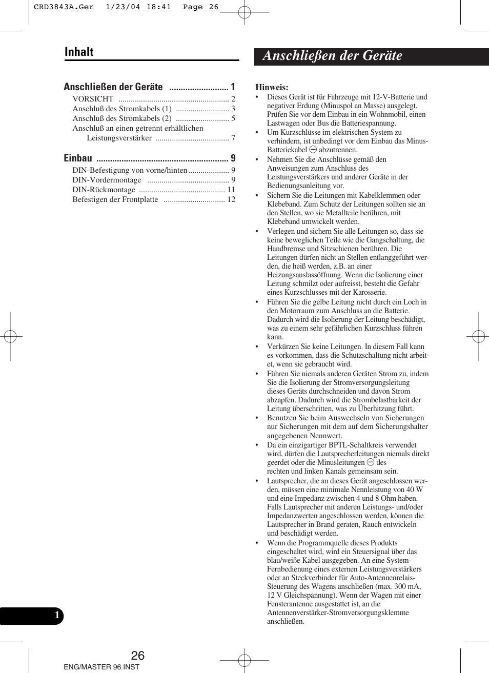 Deutsch, Anschließen der geräte, 26 inhalt | Pioneer DEH-P80MP User Manual | Page 26 / 74
