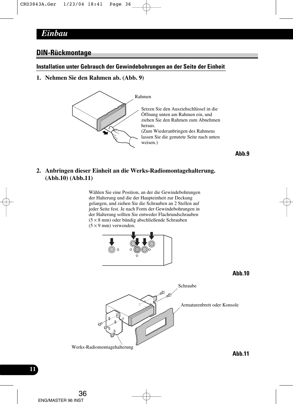 Din-rückmontage, Einbau | Pioneer DEH-P80MP User Manual | Page 36 / 74
