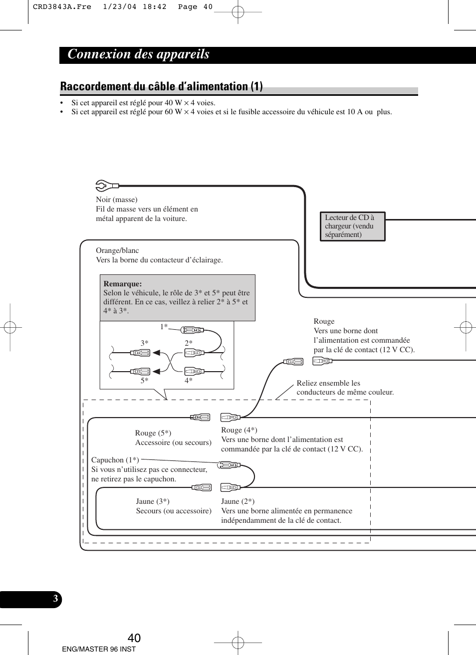Raccordement du câble d’alimentation (1), Connexion des appareils | Pioneer DEH-P80MP User Manual | Page 40 / 74