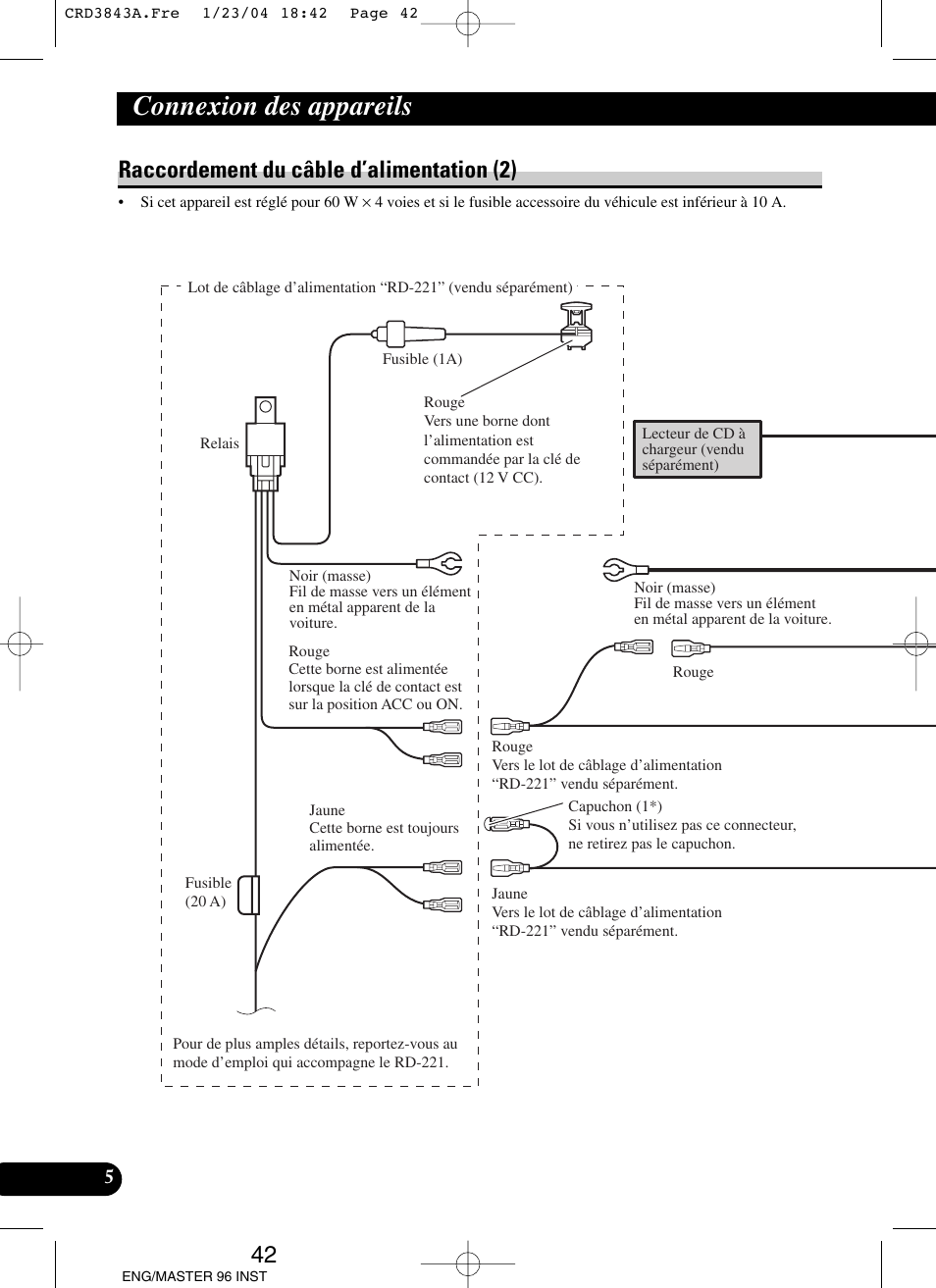 Connexion des appareils, Raccordement du câble d’alimentation (2) | Pioneer DEH-P80MP User Manual | Page 42 / 74