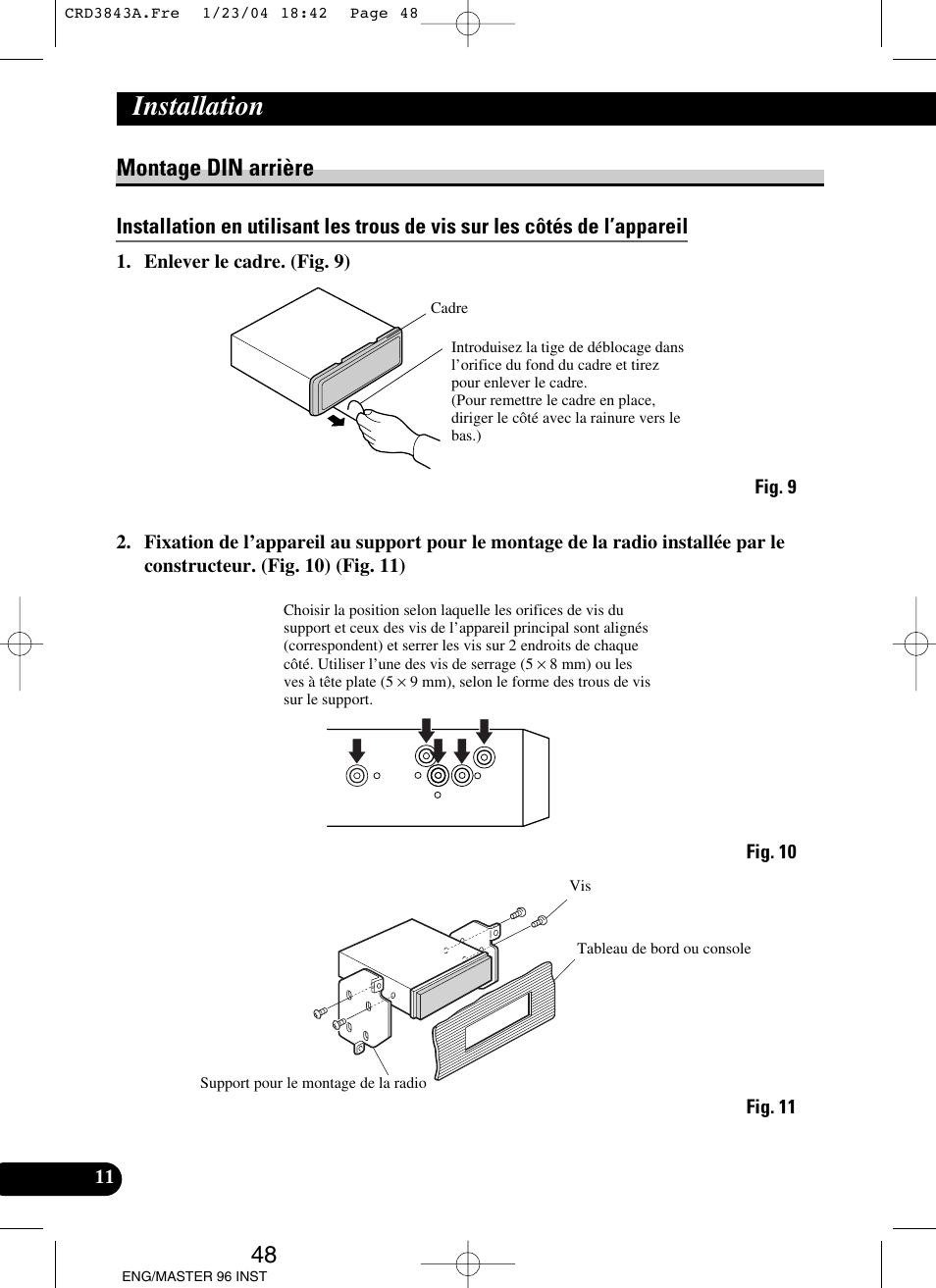Montage din arrière, Installation | Pioneer DEH-P80MP User Manual | Page 48 / 74