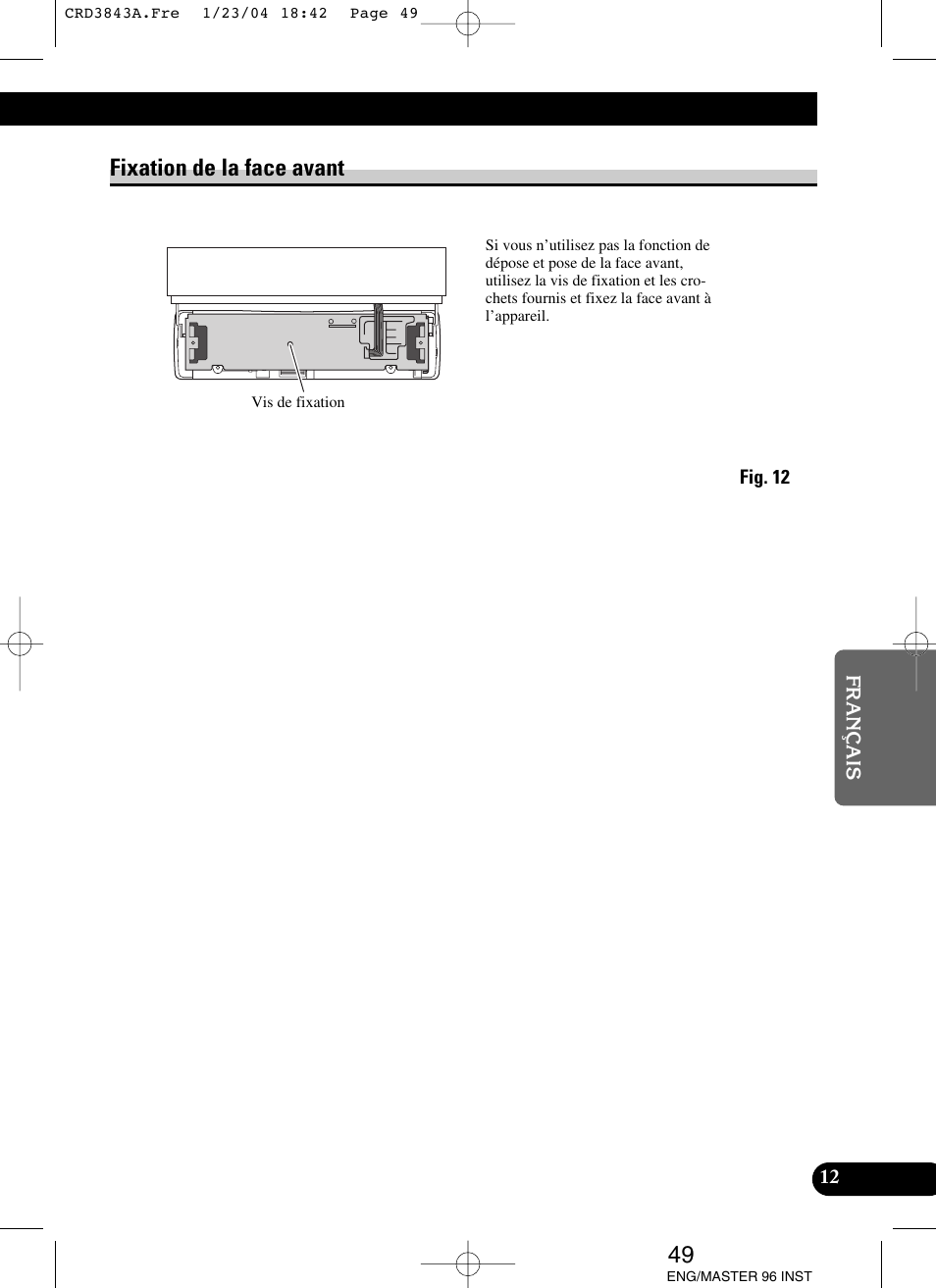 Fixation de la face avant | Pioneer DEH-P80MP User Manual | Page 49 / 74