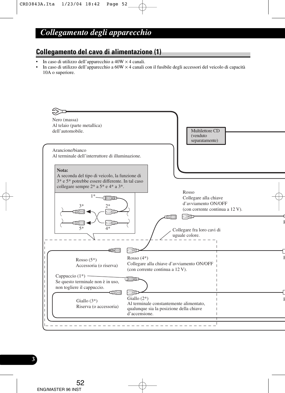 Collegamento del cavo di alimentazione (1), Collegamento degli apparecchio | Pioneer DEH-P80MP User Manual | Page 52 / 74