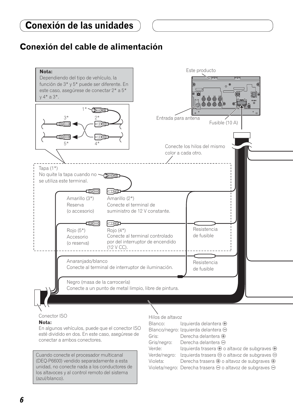 Conexión del cable de alimentación, Conexión de las unidades | Pioneer AVH-P3100DVD User Manual | Page 20 / 86