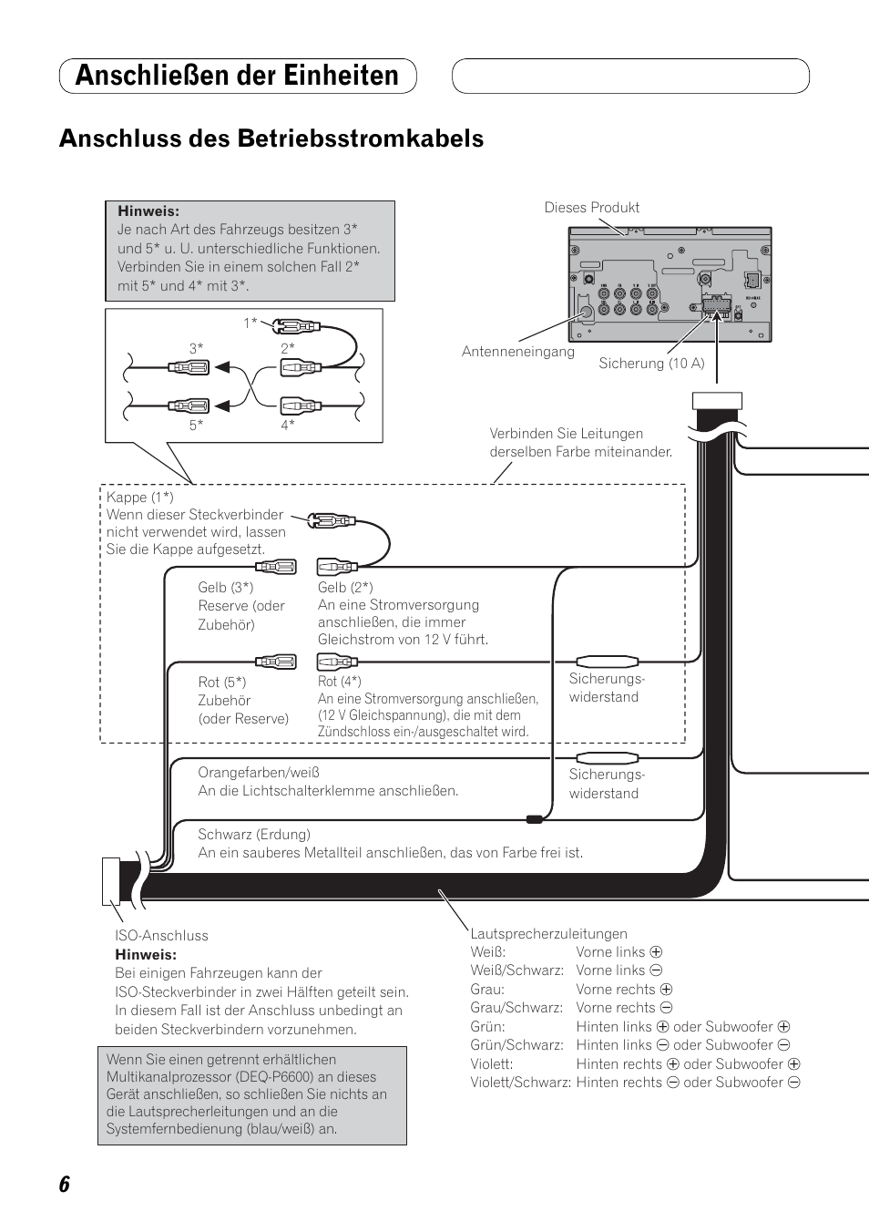 Anschluss des betriebsstromkabels, Anschließen der einheiten | Pioneer AVH-P3100DVD User Manual | Page 34 / 86