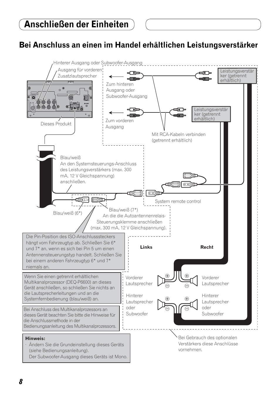 Bei anschluss an einen im handel, Erhältlichen leistungsverstärker, Anschließen der einheiten | Pioneer AVH-P3100DVD User Manual | Page 36 / 86