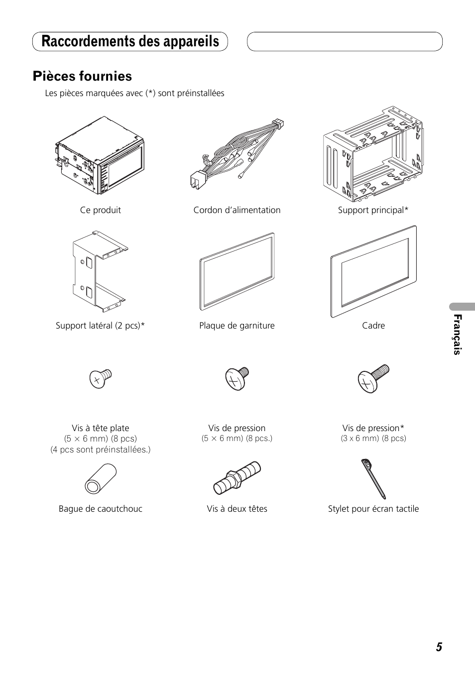 Pièces fournies, Raccordements des appareils | Pioneer AVH-P3100DVD User Manual | Page 47 / 86