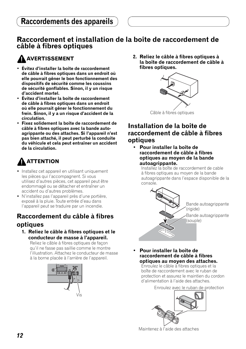 Raccordement et installation de la boîte, De raccordement de câble à fibres, Optiques | De câble à fibres optiques, Raccordements des appareils, Raccordement du câble à fibres optiques | Pioneer AVH-P3100DVD User Manual | Page 54 / 86