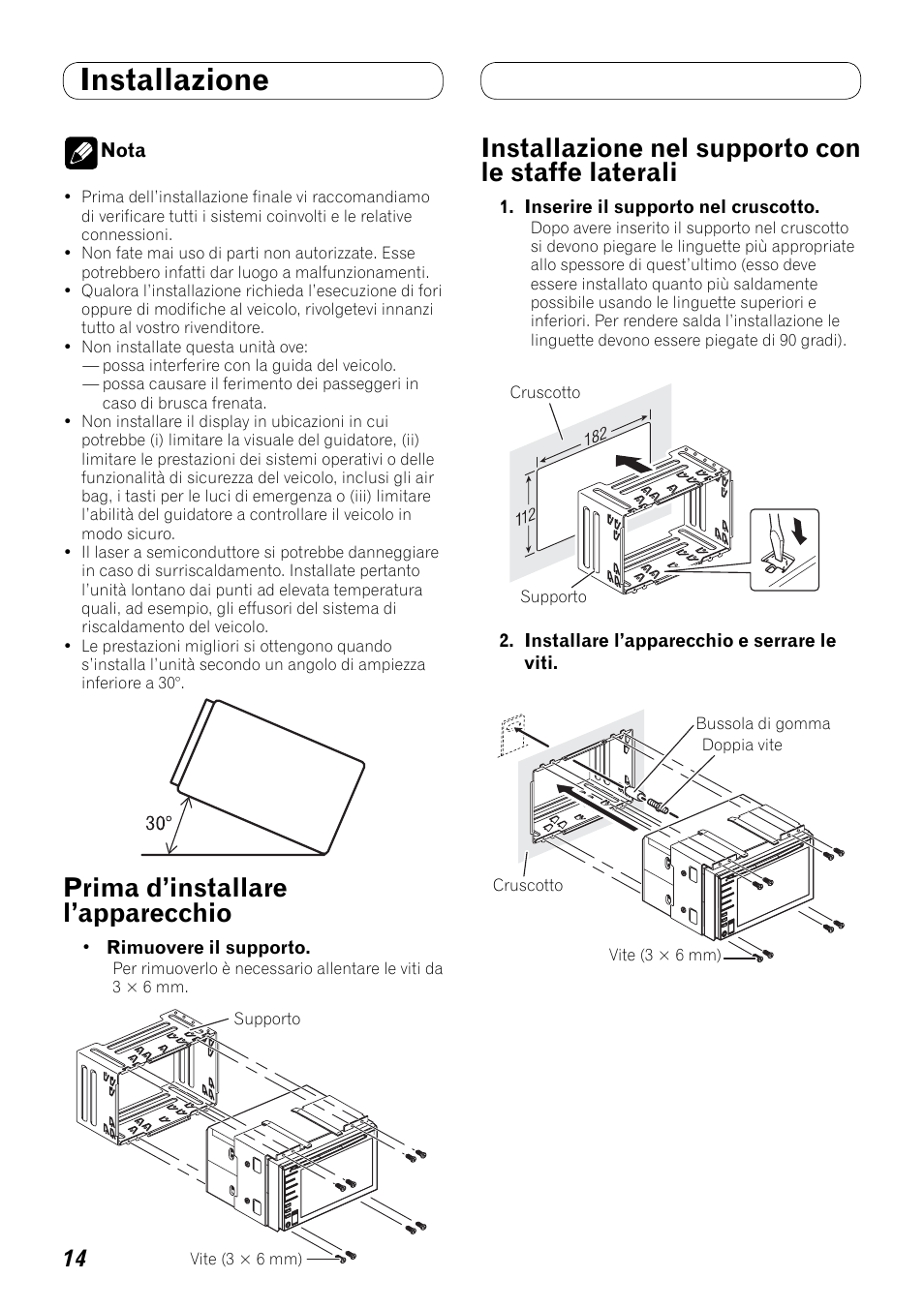 Installazione, Laterali, Prima d’installare l’apparecchio | Installazione nel supporto con le staffe laterali | Pioneer AVH-P3100DVD User Manual | Page 70 / 86