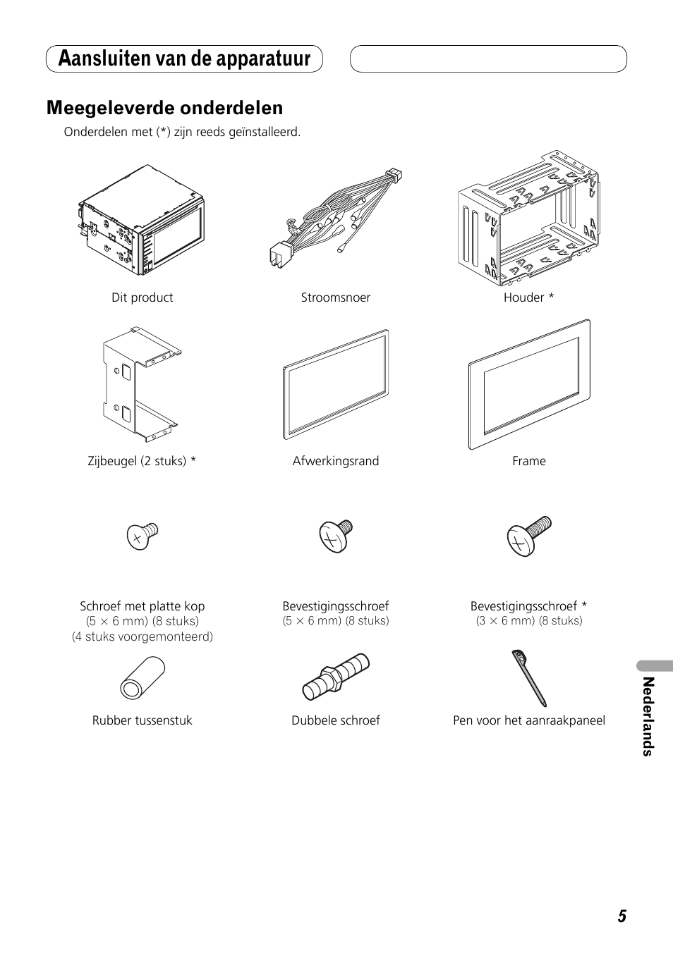 Meegeleverde onderdelen, Aansluiten van de apparatuur | Pioneer AVH-P3100DVD User Manual | Page 75 / 86