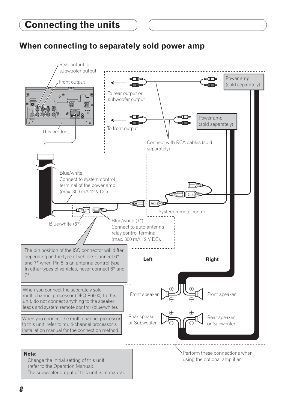 When connecting to, Separately sold power amp, Connecting the units | When connecting to separately sold power amp | Pioneer AVH-P3100DVD User Manual | Page 8 / 86