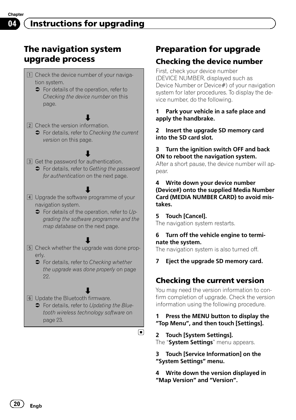 Preparation for upgrade, Checking the device number 20, Checking the current version 20 | The navigation system upgrade process, 04 instructions for upgrading, Checking the device number, Checking the current version | Pioneer CNSD-250FM User Manual | Page 20 / 32