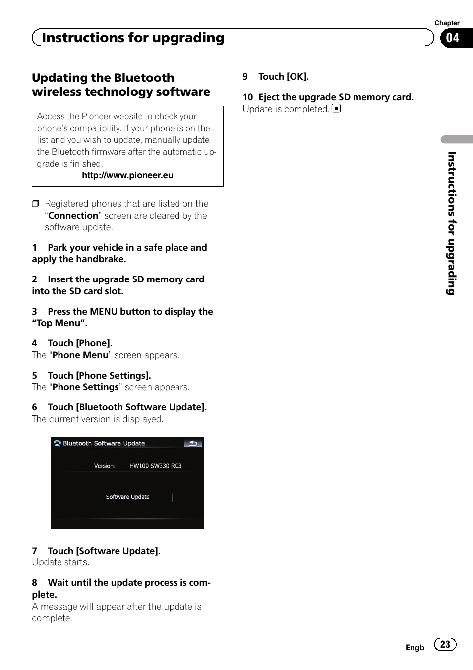 Updating the bluetooth wireless, Technology software, Updating the blue | Instructions for upgrading | Pioneer CNSD-250FM User Manual | Page 23 / 32