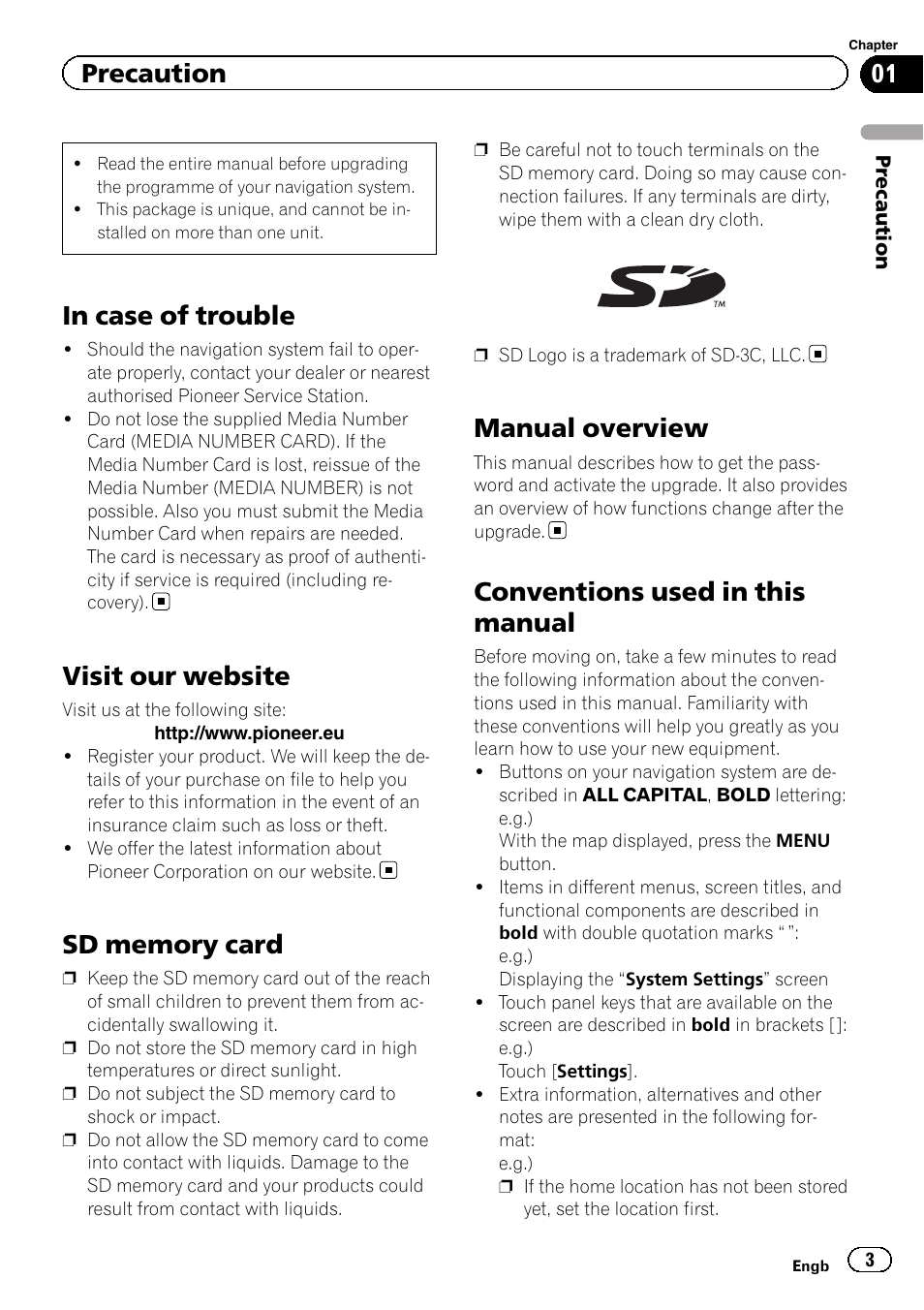 Precaution in case of trouble, Visit our website, Sd memory card | Manual overview, Conventions used in this manual, Precaution | Pioneer CNSD-250FM User Manual | Page 3 / 32