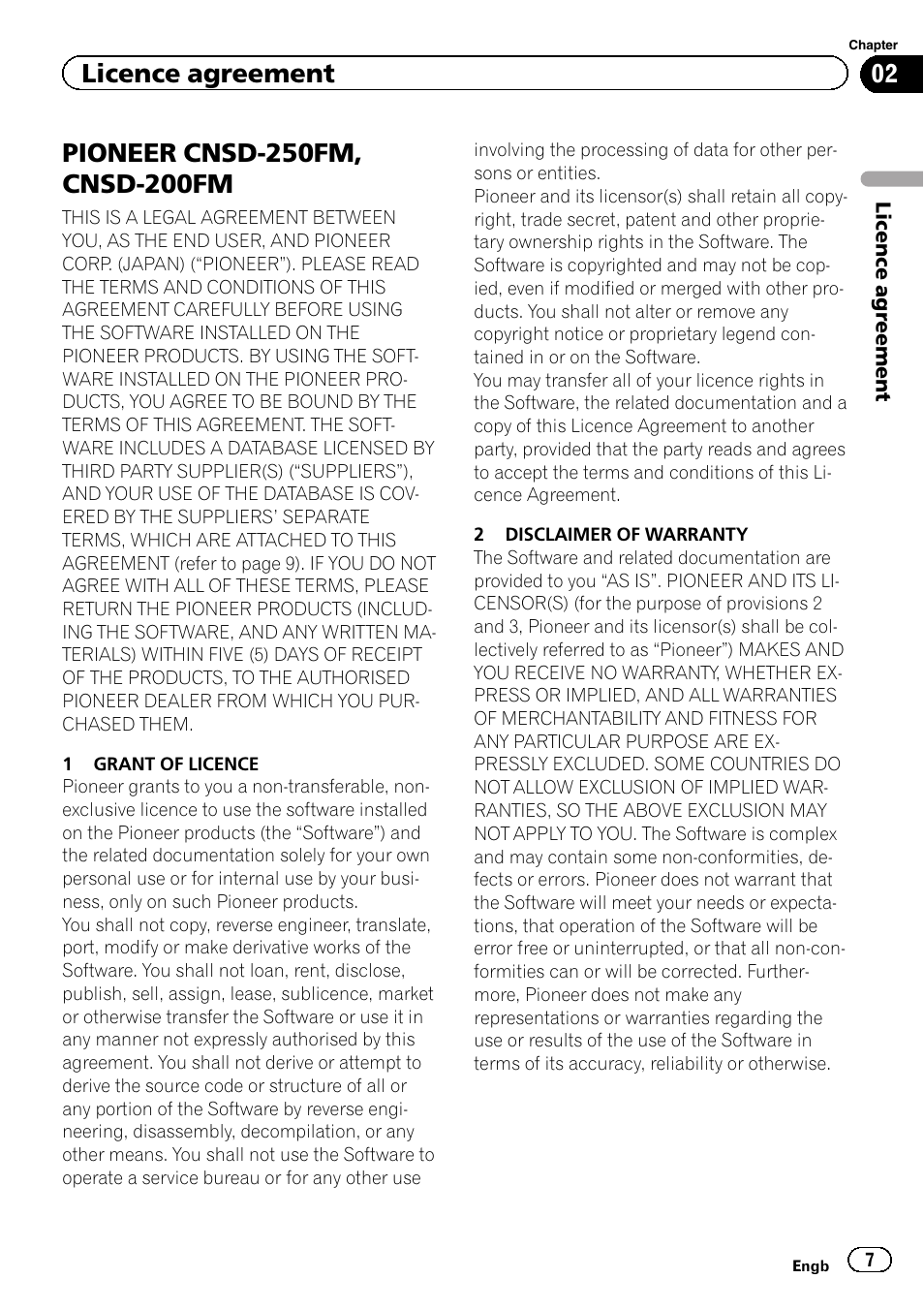 Licence agreement pioneer cnsd-250fm, cnsd-200fm, Licence agreement | Pioneer CNSD-250FM User Manual | Page 7 / 32