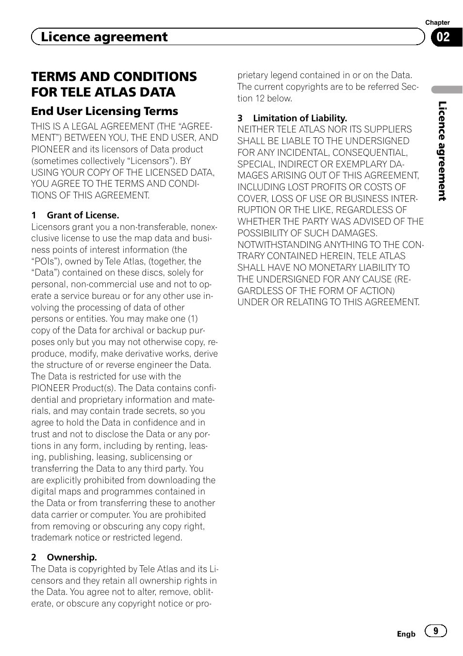 Terms and conditions for tele atlas, Data, End user licensing terms 9 | Terms and conditions for tele atlas data, Licence agreement | Pioneer CNSD-250FM User Manual | Page 9 / 32