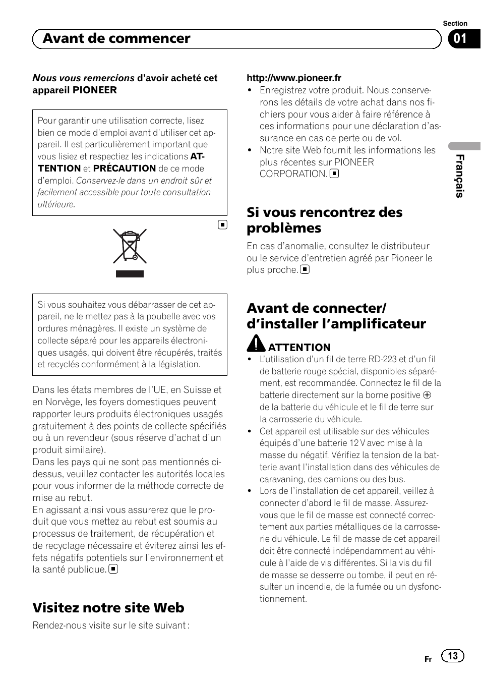 Mode d, Emploi, Amplificateur de puissance pontable à deux canaux | Visitez notre site web, Si vous rencontrez des problèmes, Avant de connecter/ d ’installer l’amplificateur, 01 avant de commencer | Pioneer GM-A5602 User Manual | Page 13 / 92