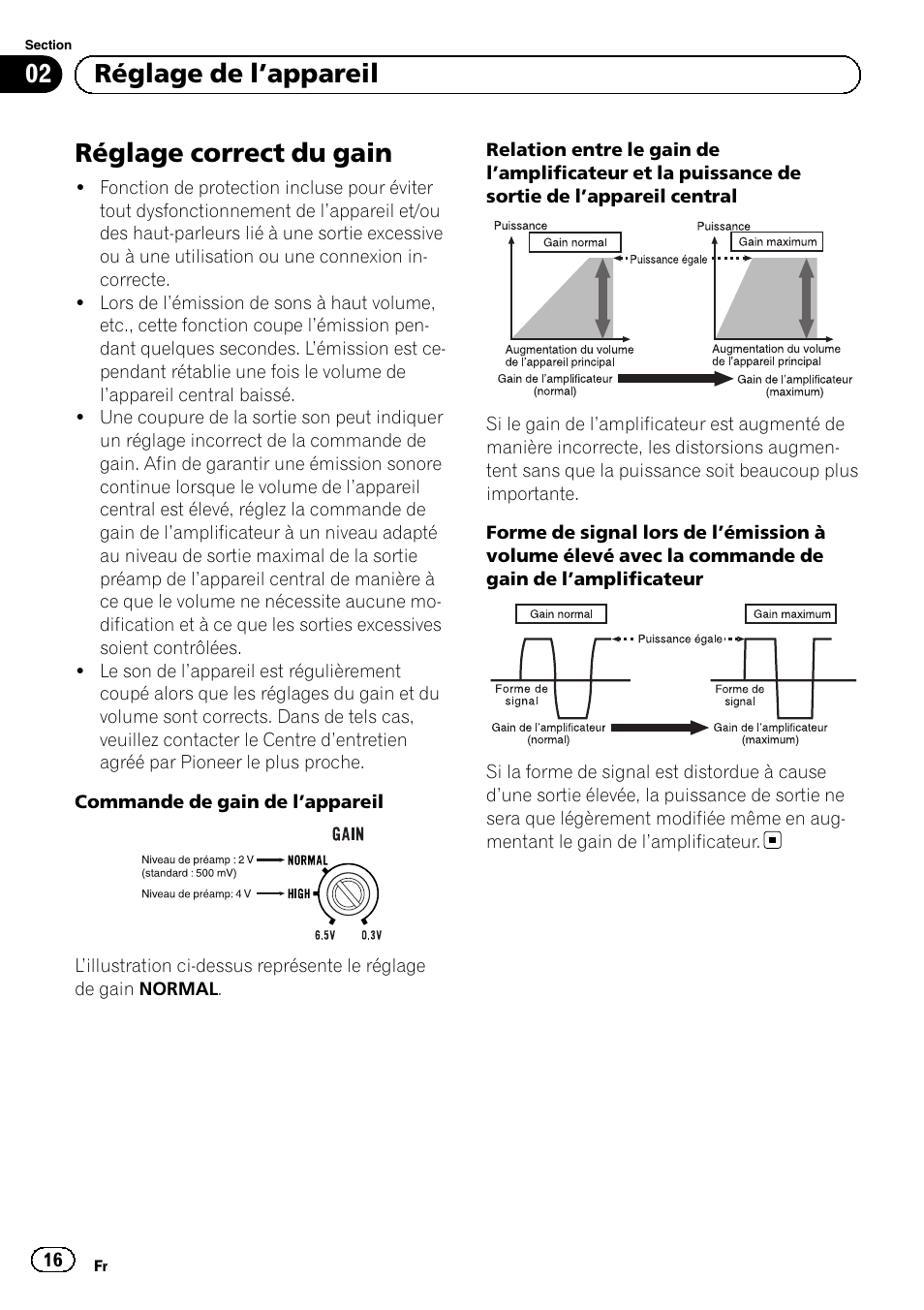 Réglage correct du gain, 02 réglage de l ’appareil | Pioneer GM-A5602 User Manual | Page 16 / 92