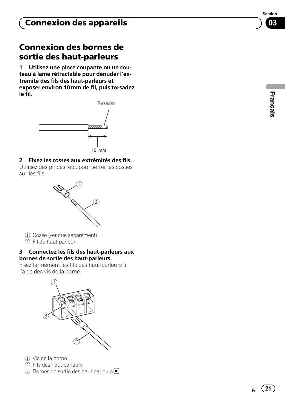 Connexion des bornes de sortie des haut-parleurs, 03 connexion des appareils | Pioneer GM-A5602 User Manual | Page 21 / 92