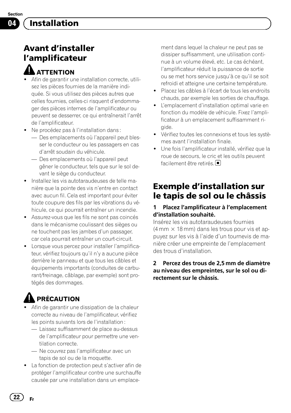 Avant d ’installer l ’amplificateur, 04 installation | Pioneer GM-A5602 User Manual | Page 22 / 92