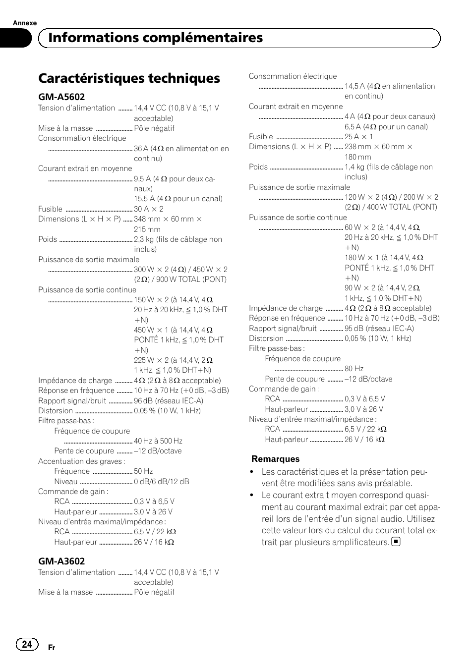 Caractéristiques techniques, Informations complémentaires, Gm-a5602 | Gm-a3602 | Pioneer GM-A5602 User Manual | Page 24 / 92
