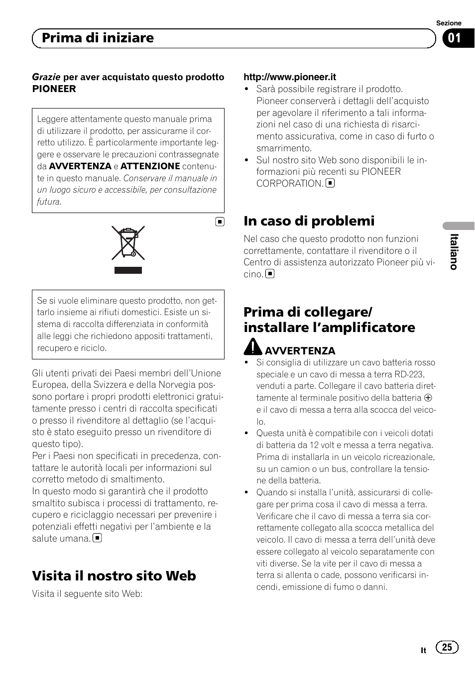 Visita il nostro sito web, Prima di collegare/ installare l ’amplificatore, 01 prima di iniziare | Pioneer GM-A5602 User Manual | Page 25 / 92