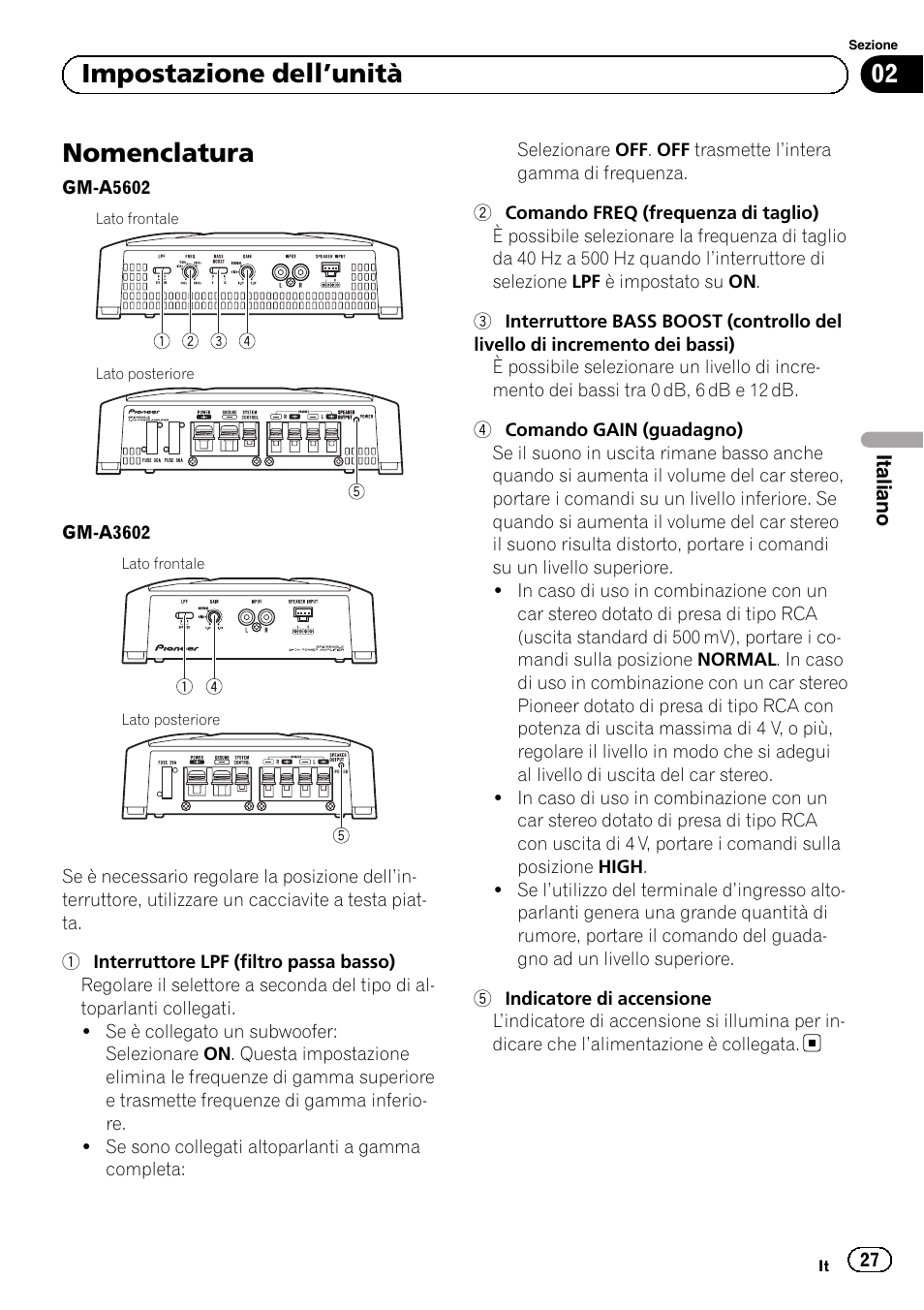 Nomenclatura, 02 impostazione dell ’unità | Pioneer GM-A5602 User Manual | Page 27 / 92