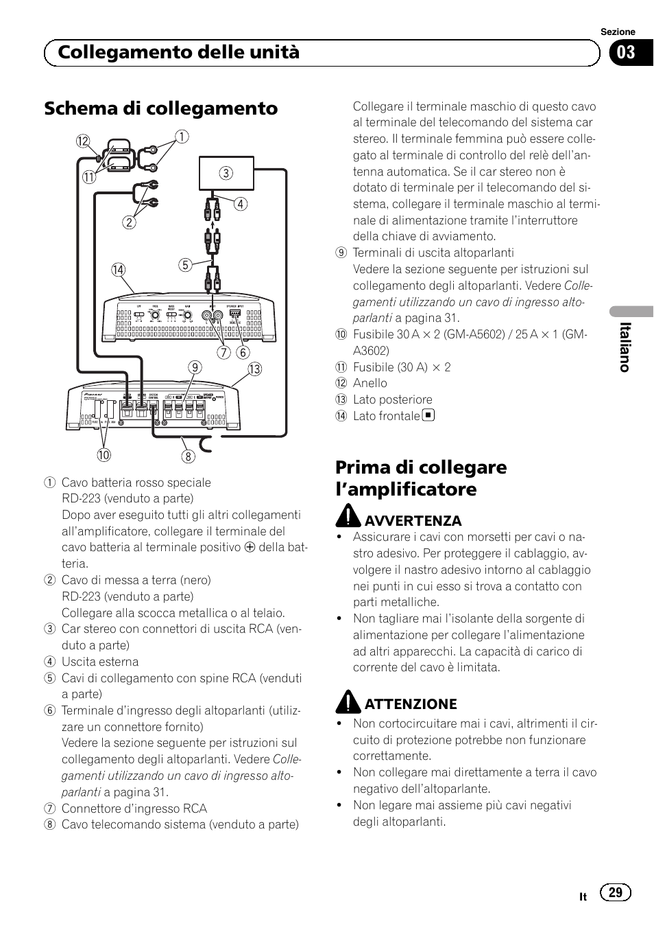 Schema di collegamento, Prima di collegare l ’amplificatore, 03 collegamento delle unità | Pioneer GM-A5602 User Manual | Page 29 / 92