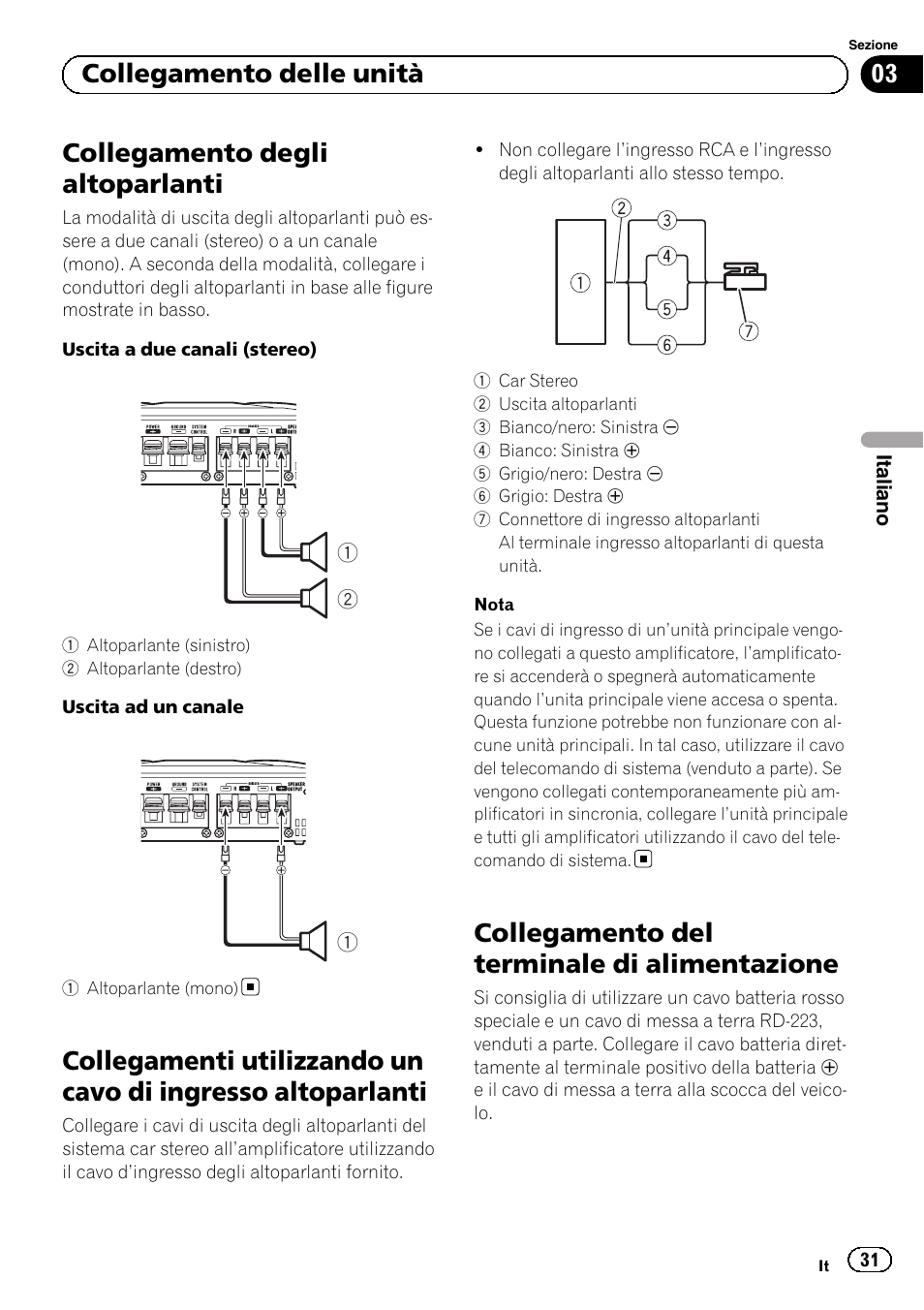 Collegamento degli altoparlanti, Collegamento del terminale di alimentazione, 03 collegamento delle unità | Pioneer GM-A5602 User Manual | Page 31 / 92