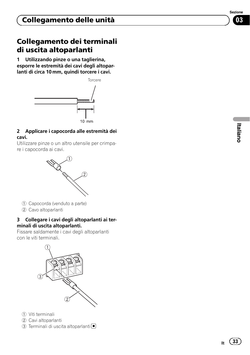 Collegamento dei terminali di uscita altoparlanti, 03 collegamento delle unità | Pioneer GM-A5602 User Manual | Page 33 / 92