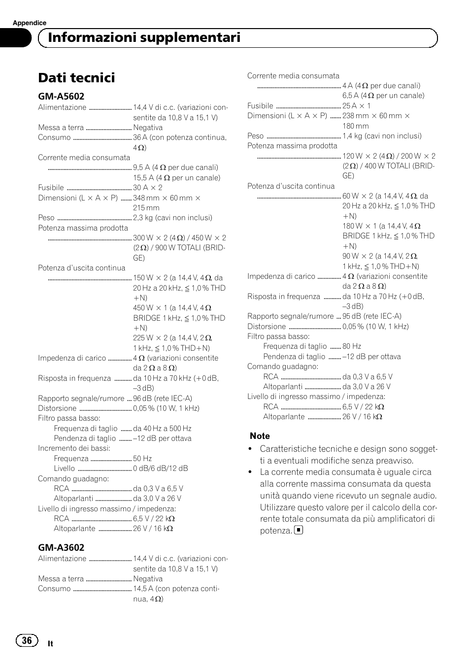 Dati tecnici, Informazioni supplementari, Gm-a5602 | Gm-a3602 | Pioneer GM-A5602 User Manual | Page 36 / 92