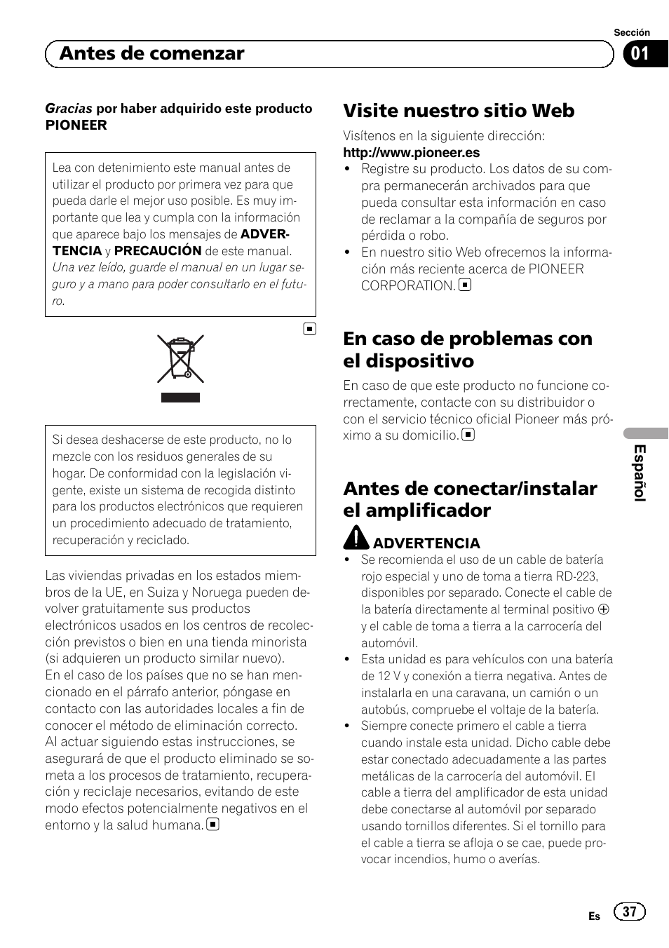 Amplificador de potencia de dos canales puenteable, Visite nuestro sitio web, En caso de problemas con el dispositivo | Antes de conectar/instalar el amplificador, 01 antes de comenzar | Pioneer GM-A5602 User Manual | Page 37 / 92