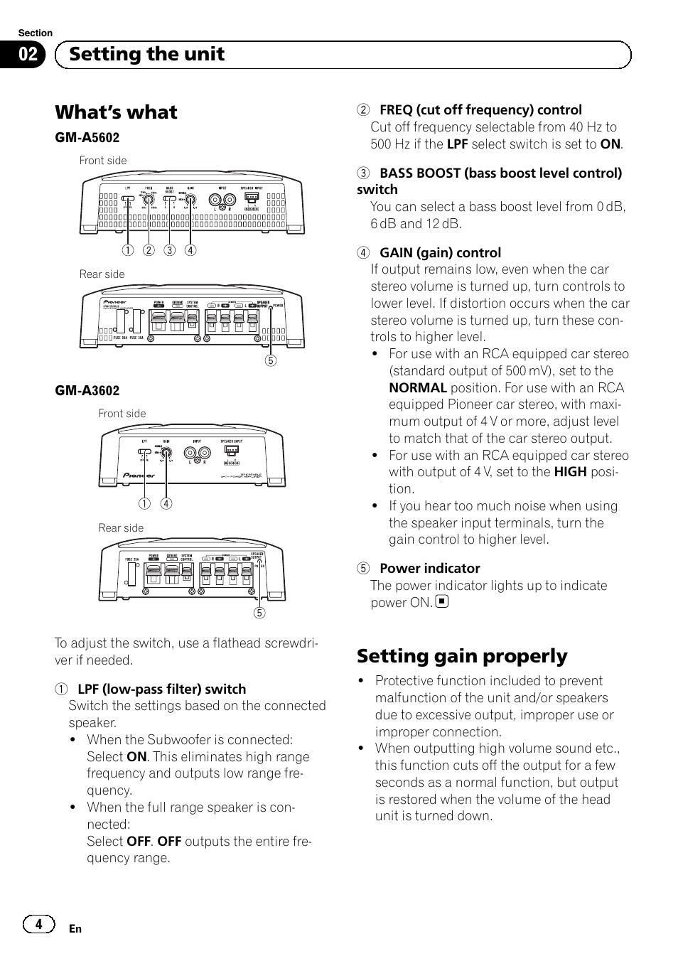 What ’s what, Setting gain properly, 02 setting the unit | Pioneer GM-A5602 User Manual | Page 4 / 92