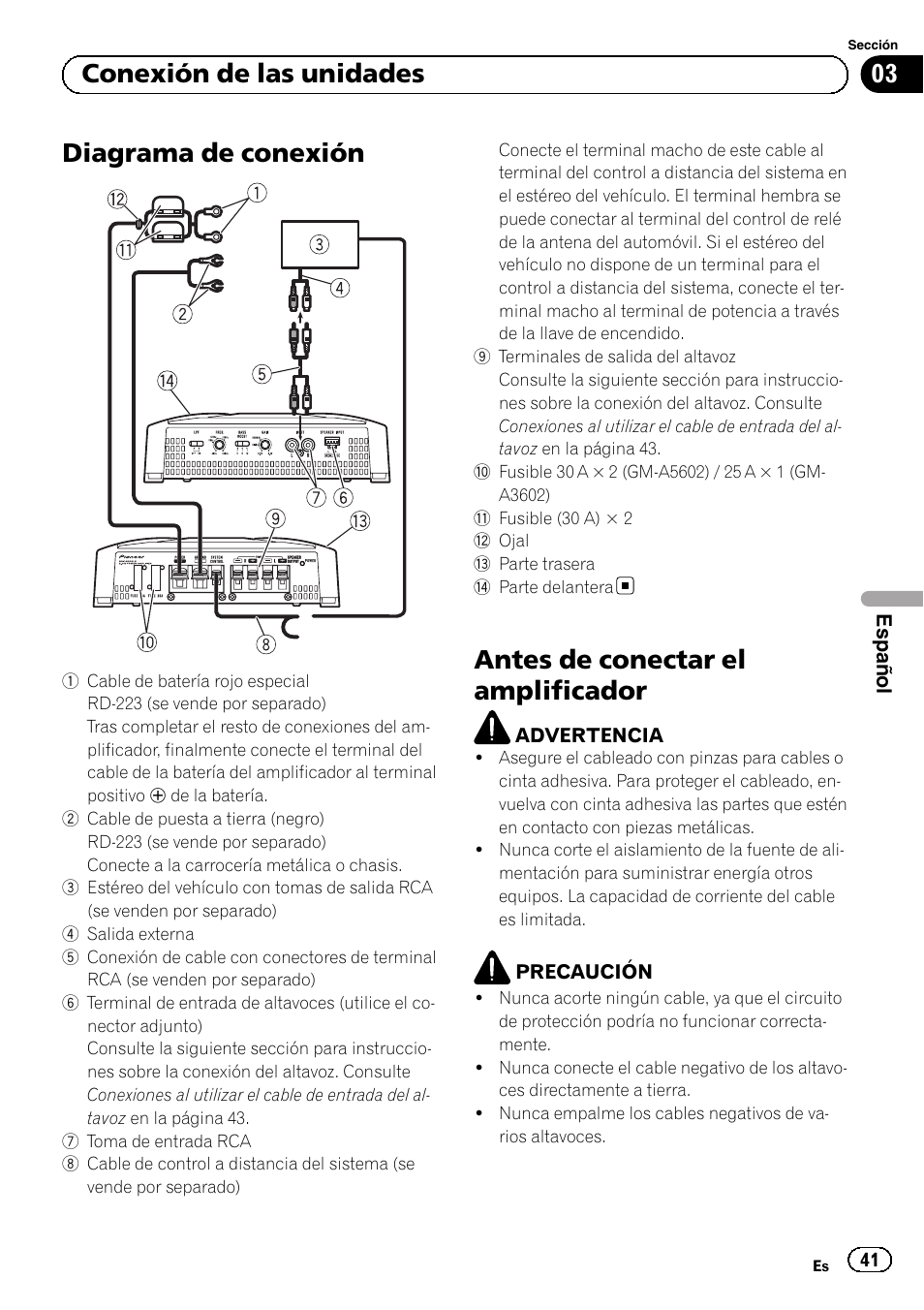 Diagrama de conexión, Antes de conectar el amplificador, 03 conexión de las unidades | Pioneer GM-A5602 User Manual | Page 41 / 92