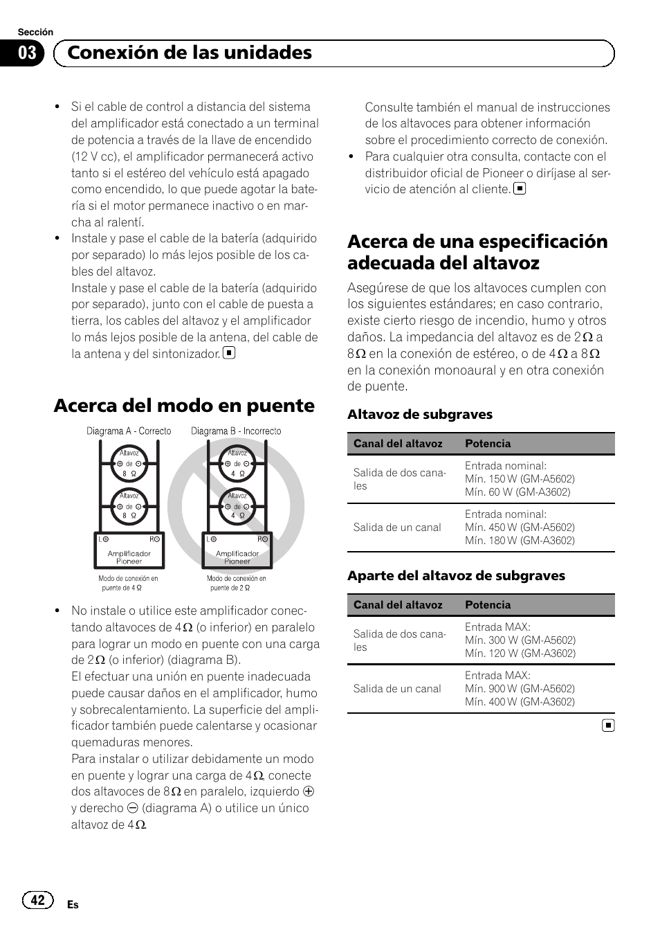 Acerca del modo en puente, Acerca de una especificación adecuada del altavoz, 03 conexión de las unidades | Pioneer GM-A5602 User Manual | Page 42 / 92