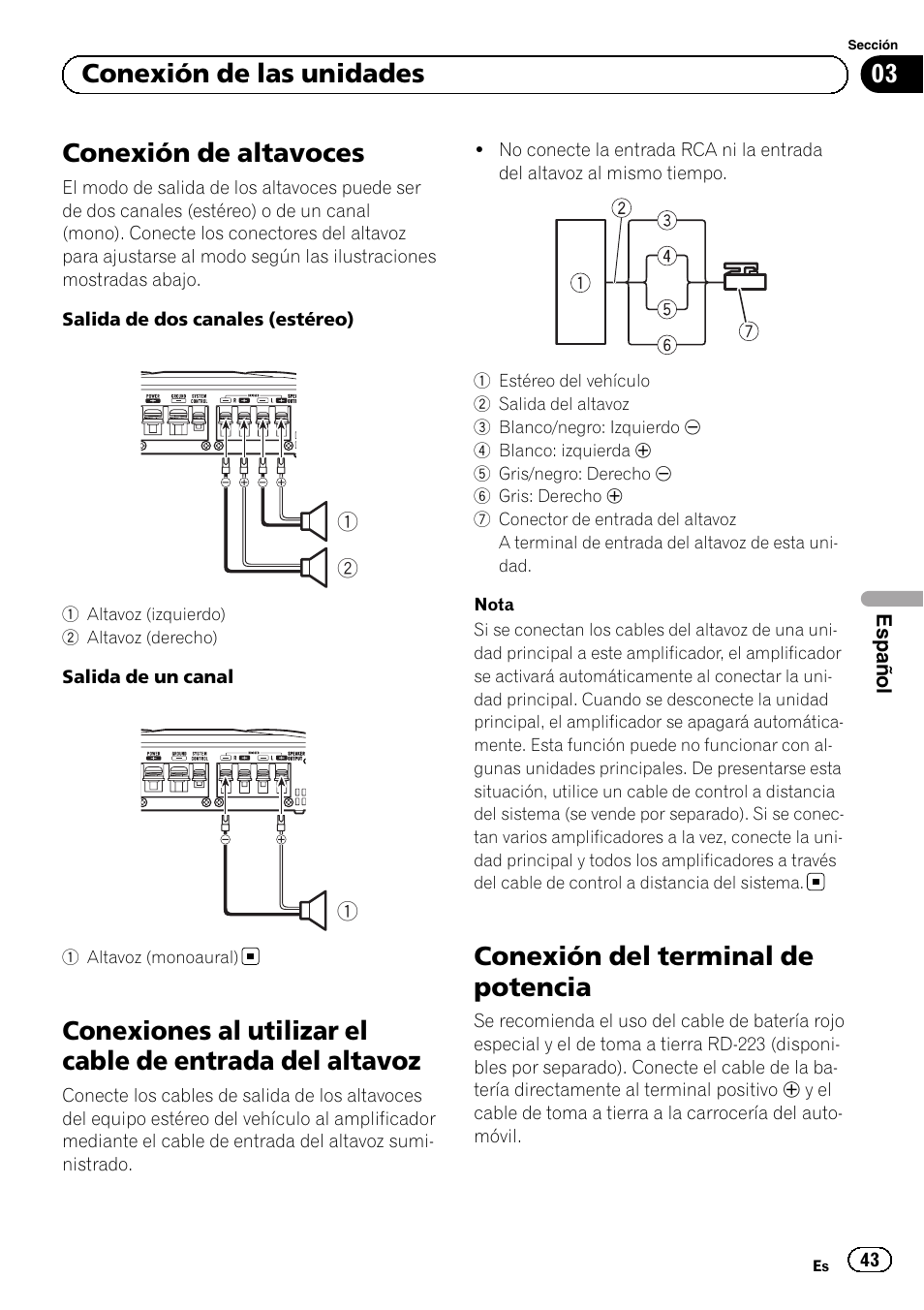Conexión de altavoces, Conexión del terminal de potencia, 03 conexión de las unidades | Pioneer GM-A5602 User Manual | Page 43 / 92