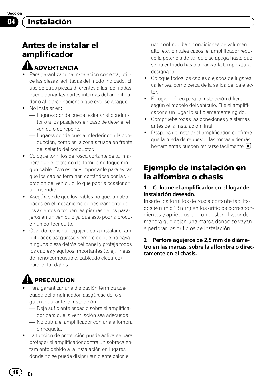Antes de instalar el amplificador, Ejemplo de instalación en la alfombra o chasis, 04 instalación | Pioneer GM-A5602 User Manual | Page 46 / 92