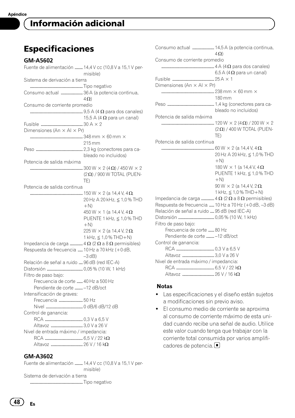 Especificaciones, Información adicional, Gm-a5602 | Gm-a3602 | Pioneer GM-A5602 User Manual | Page 48 / 92