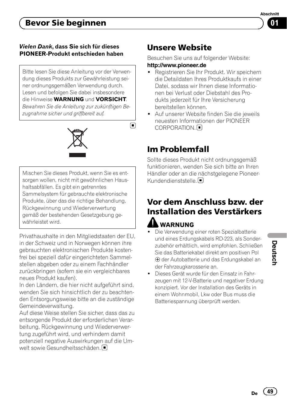 Brückbarer zwei-kanal-leistungsver- stärker, Unsere website, Im problemfall | 01 bevor sie beginnen | Pioneer GM-A5602 User Manual | Page 49 / 92