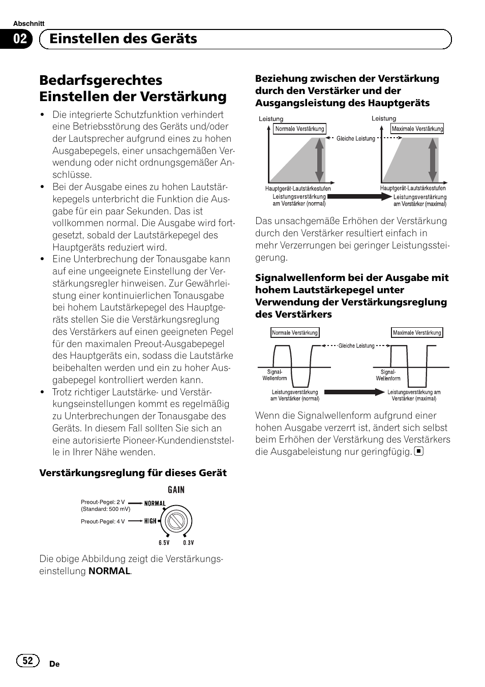 Bedarfsgerechtes einstellen der verstärkung, 02 einstellen des geräts | Pioneer GM-A5602 User Manual | Page 52 / 92