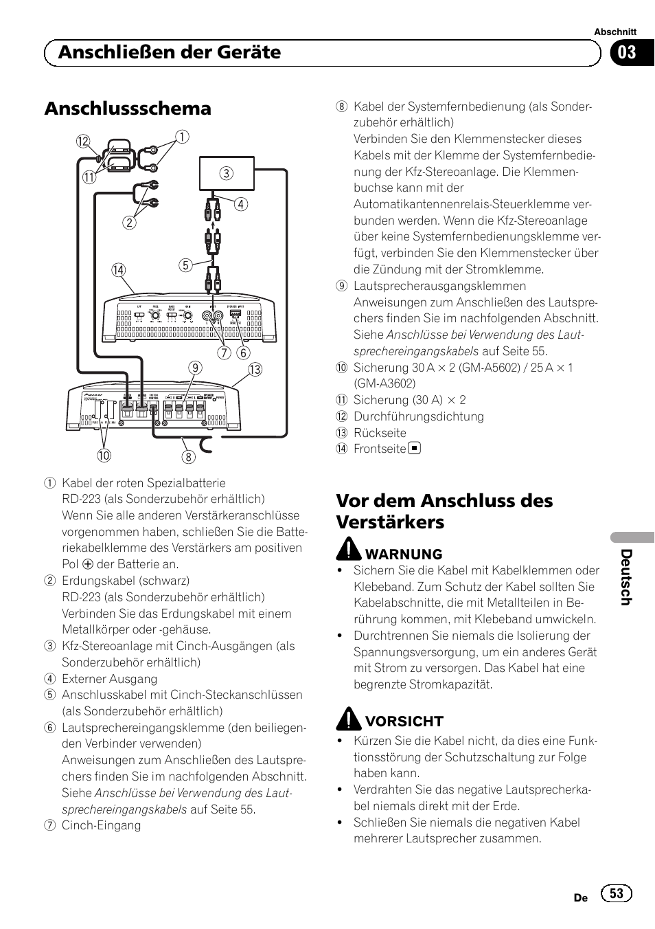 Anschlussschema, Vor dem anschluss des verstärkers, 03 anschließen der geräte | Pioneer GM-A5602 User Manual | Page 53 / 92