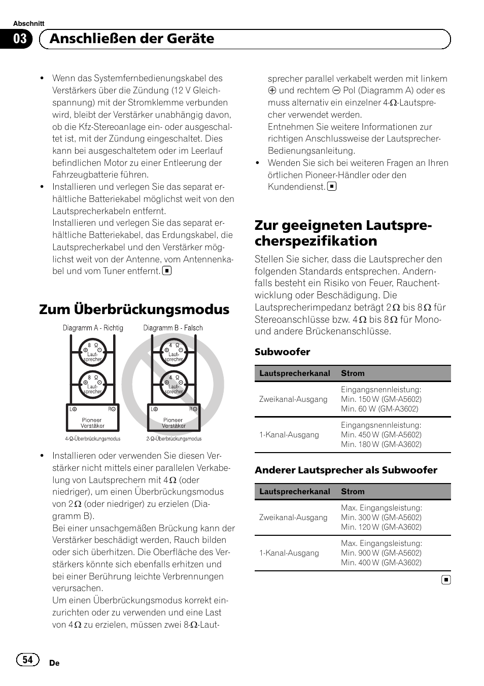 Zum überbrückungsmodus, Zur geeigneten lautspre- cherspezifikation, 03 anschließen der geräte | Pioneer GM-A5602 User Manual | Page 54 / 92