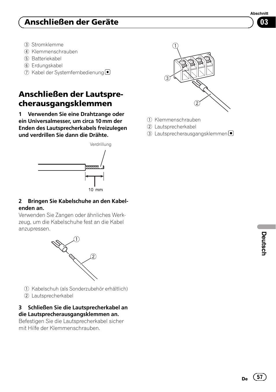 Anschließen der lautspre- cherausgangsklemmen, 03 anschließen der geräte | Pioneer GM-A5602 User Manual | Page 57 / 92