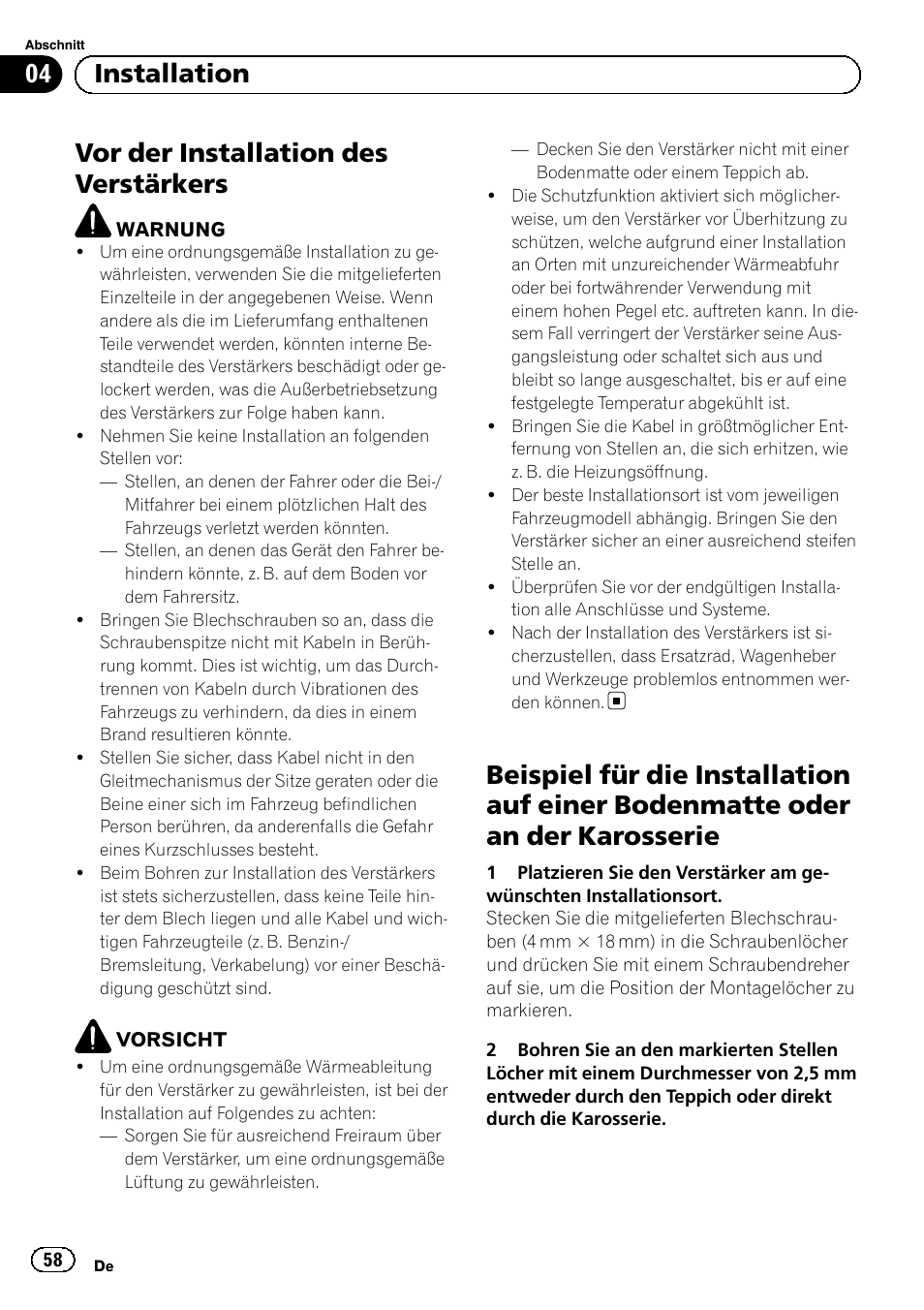 Vor der installation des verstärkers, 04 installation | Pioneer GM-A5602 User Manual | Page 58 / 92