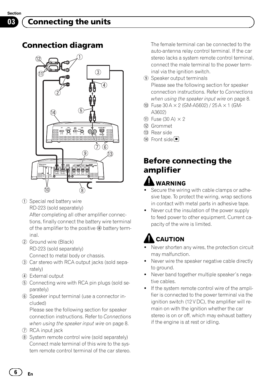Connection diagram, Before connecting the amplifier, 03 connecting the units | Pioneer GM-A5602 User Manual | Page 6 / 92