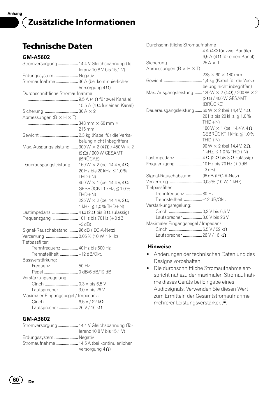 Technische daten, Zusätzliche informationen, Gm-a5602 | Gm-a3602 | Pioneer GM-A5602 User Manual | Page 60 / 92