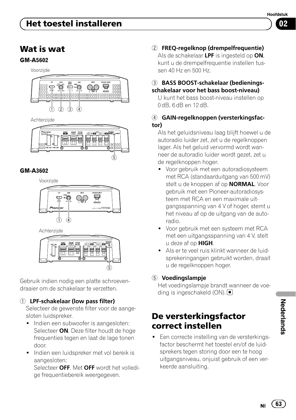 Wat is wat, De versterkingsfactor correct instellen, 02 het toestel installeren | Pioneer GM-A5602 User Manual | Page 63 / 92