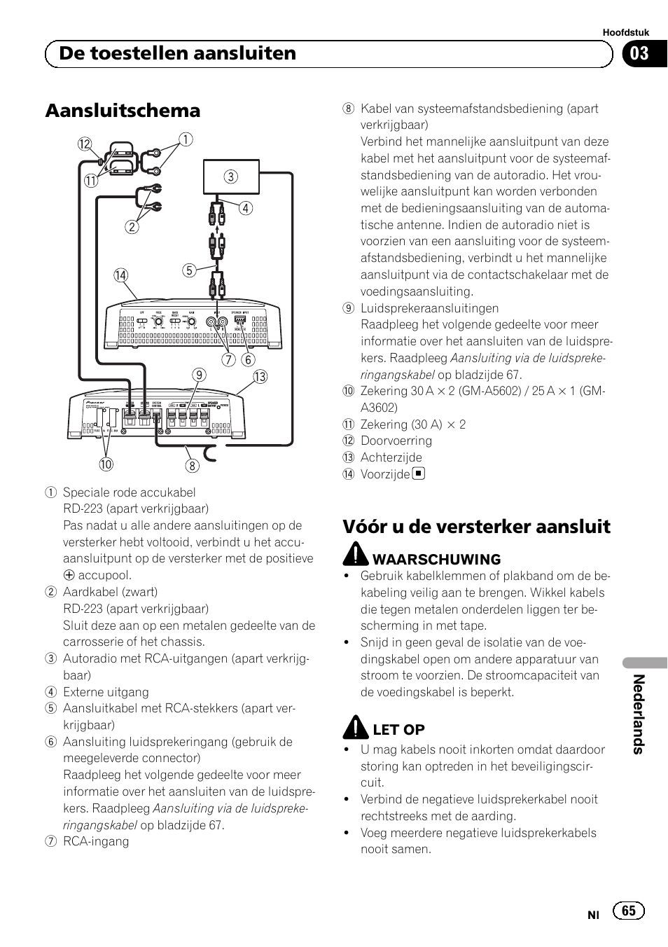 Aansluitschema, Vóór u de versterker aansluit, 03 de toestellen aansluiten | Pioneer GM-A5602 User Manual | Page 65 / 92
